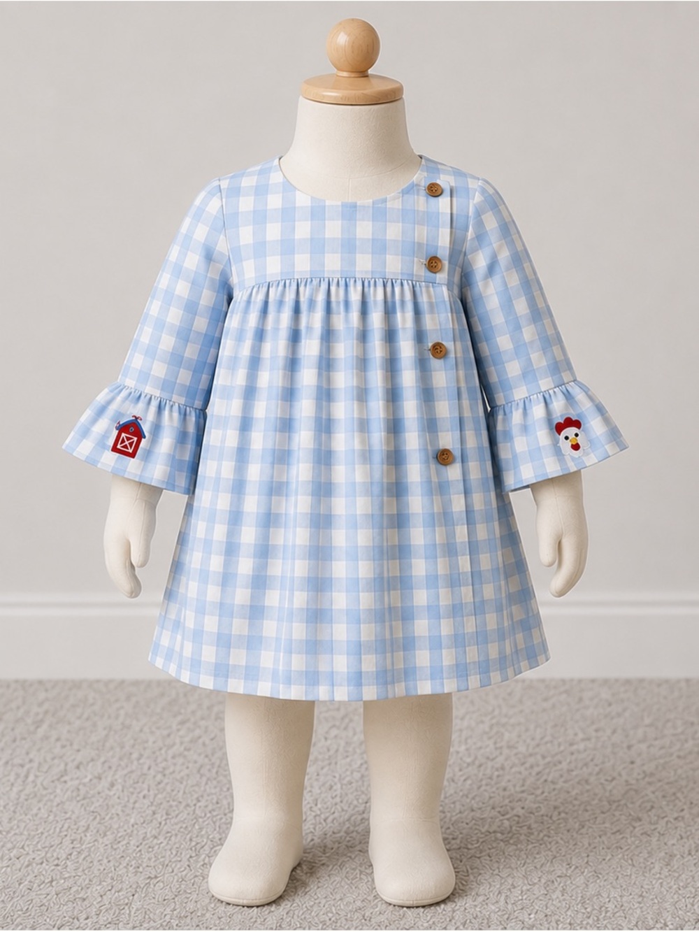 Zuccini Toddler Girls Blue Gingham Dress Embroidered Sleeves Farm Animals 2T